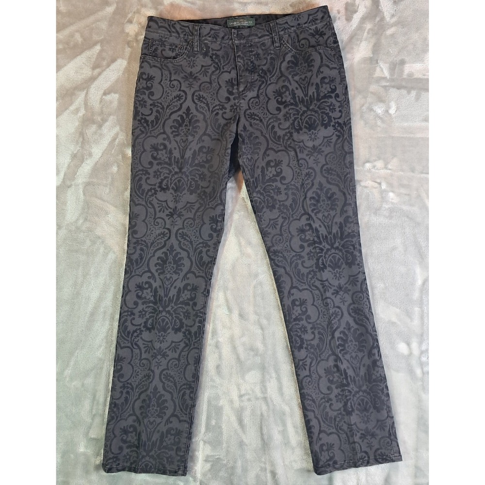 Ralph Lauren Jeans Co Women Size 12 Damask Brocade Print Straight Jeans Grey Blk